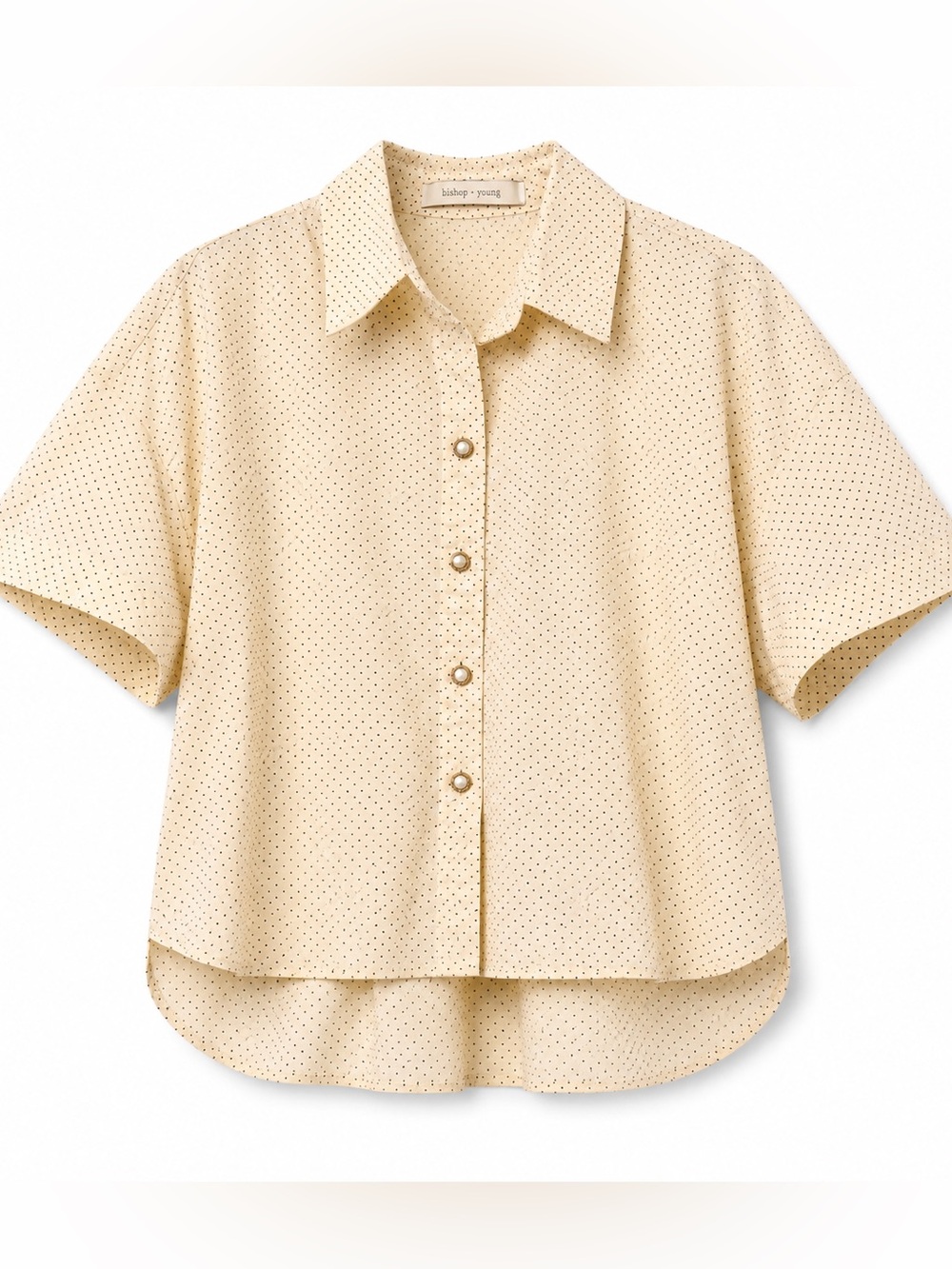 NWOT!! bishop + young Palma Cream Black Dot Pearl Button Short Sleeve Buttondown